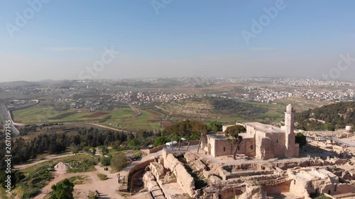 Prophet Nebi samuel national park Aerial View Daylight drone shot of nebi samuel national park near Jerusalem photo