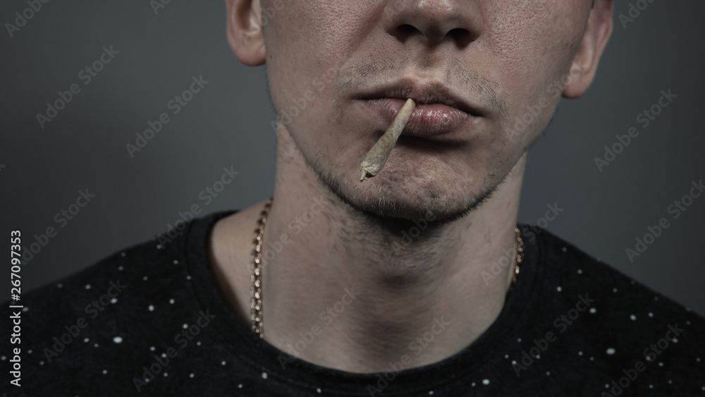 Fototapeta premium The young person smoking medical marijuana joint. Close-up.