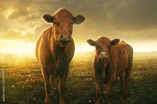 Kuh und Kalb im Sonnenuntergang