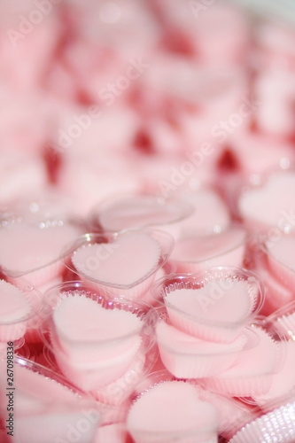 Delicious Thai sweet Desserts made from Coconut jelly in heart shape cup. Valentine day concept.