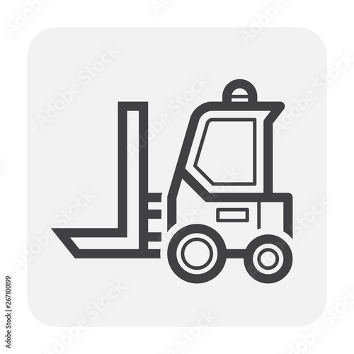 Forklift vector icon. May called fork truck or lift truck. Elevator machine equipment or vehicle for heavy industrial work at storage, port, warehouse and factory by lift up, raise and delivery cargo.