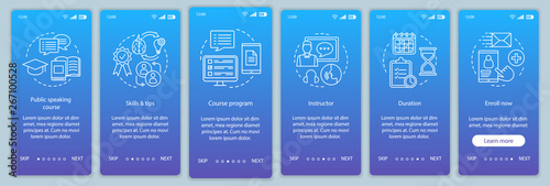 Public speaking skill course onboarding mobile app page screen vector template