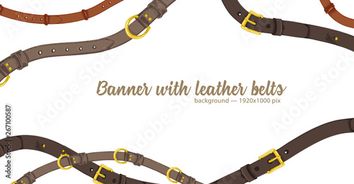 Horizontal web banner with abstract pattern of hand-drawn sketch leather belt isolated on white background. Great design for fashion, textile, jewelry label, decorative frame