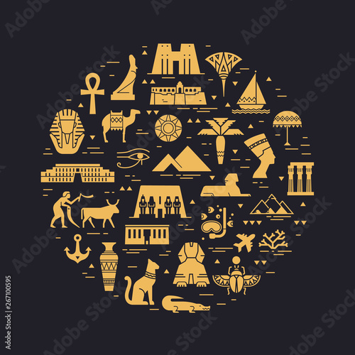 Circular design pattern of filled icons on the theme of sights and symbols of Egypt. Sights and symbols of Egypt.