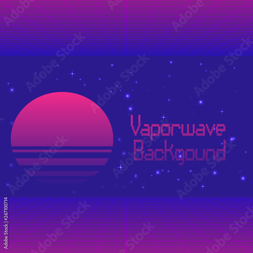 Futuristic background with digital landscape, laser grid and text Vaporwave in English and Japanese translation. Trendy neon colors, retrowave synthwave neon 80s-90s aesthetics