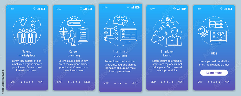 Talent management onboarding mobile app page screen vector template