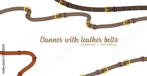 Horizontal web banner with abstract pattern of hand-drawn sketch leather belt isolated on white background. Great design for fashion, textile, jewelry label, decorative frame