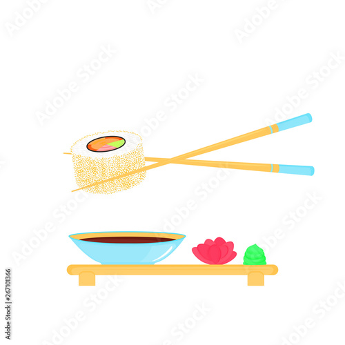 Sushi Roll with caviar of red fish. Traditional japanese food. Soy sauce, ginger, wasabi, chopsticks, plate.