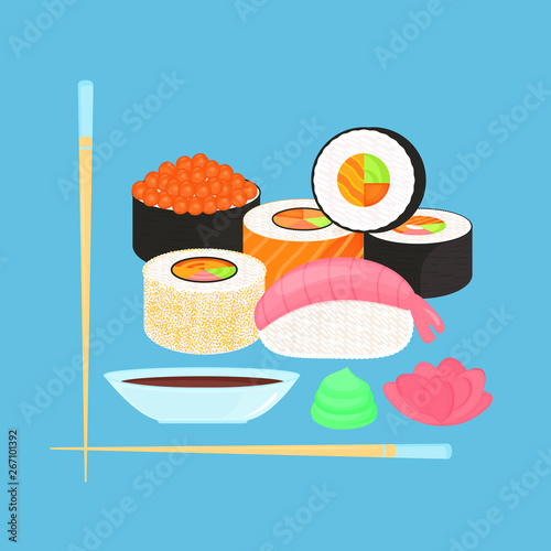 Sushi Set. Rolls with caviar of red fish, nigiri with shrimp. Traditional japanese food. Soy sauce, ginger, wasabi, chopsticks.
