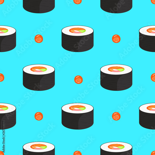 Roll with salmon and caviar. Seamless pattern. Traditional japanese food.
