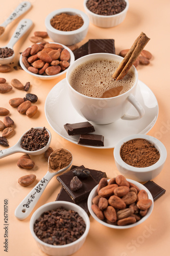 Natural cocoa beans and hot chocolate