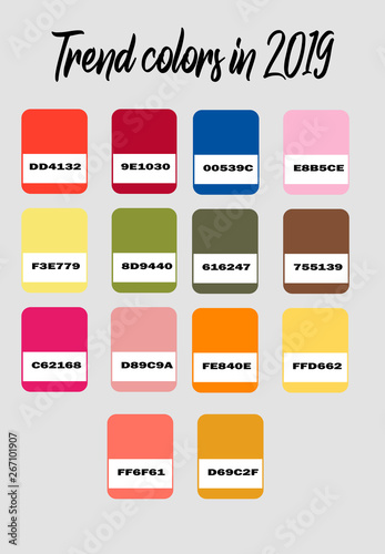 Vector flat design palettes for the designer - the most stylish colors of spring summer 2019. Fashion trend guide. A palette of trendy color guides with named color swatches, RGB 