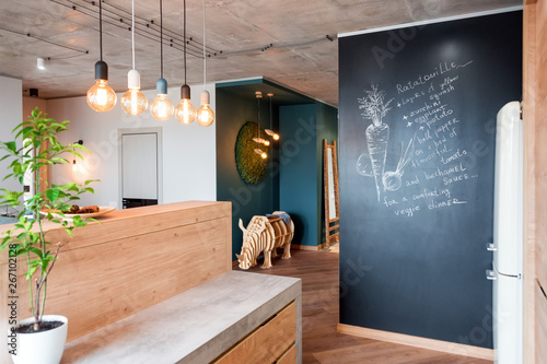 Modern furniture in luxury kitchen. Minimalist scandinavian interior in loft apartment with wooden furniture, lamps, concrete elements and plants