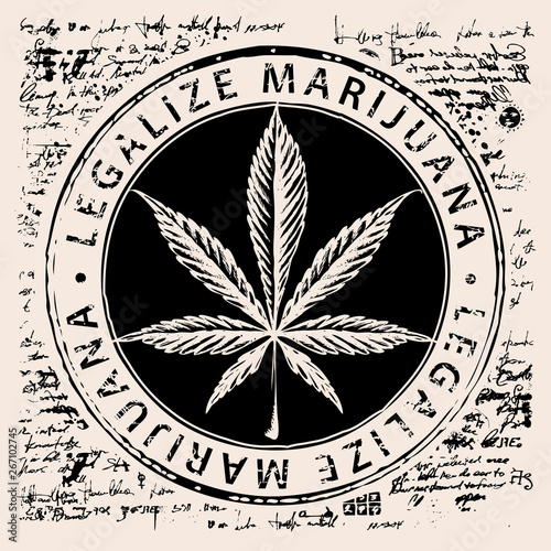 Vector banner for legalize marijuana with hemp leaf on abstract old papyrus background or grunge style manuscript. Natural product made from organic hemp. Smoking weed. Medical cannabis