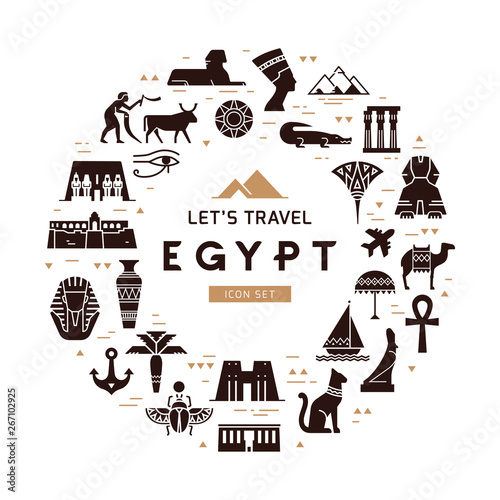 Circular design pattern of filled icons on the theme of sights and symbols of Egypt with place for text. Sights and symbols of Egypt.