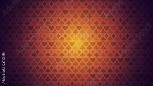 Colorful background with card suits. Picture spades, hearts, diamonds, clubs. Background for gambling, casino advertising. Vector illustration.