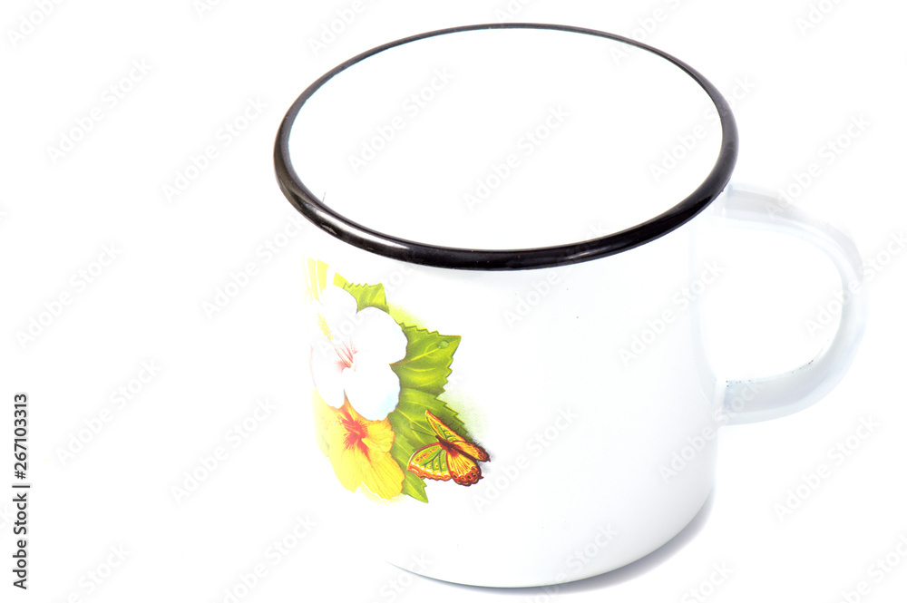 Feminine still life composition with blank white metal coffee enamel mug and pink Japanese cherry blossoms, Feminine still life composition with blank white metal coffee enamel mug and pink Japanese cherry blossoms,