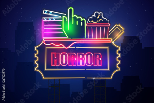 Horror movie cinema neon symbol Vector. Glowing sign dark background. Shinning billboard templates