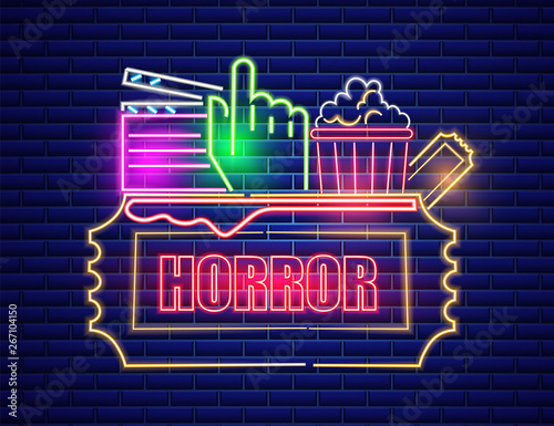 Movie cinema neon symbol Vector. Glowing sign dark background. Shinning billb...