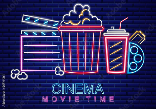 Cinema movie neon symbol Vector. Glowing sign dark background. Shinning billboard templates