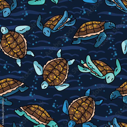 Cute swimming group of sea turtles cartoon seamless vector pattern. Hand drawn endangered ocean life tile. All over print for animal conservation blog, nautical graphic, world turtle day.