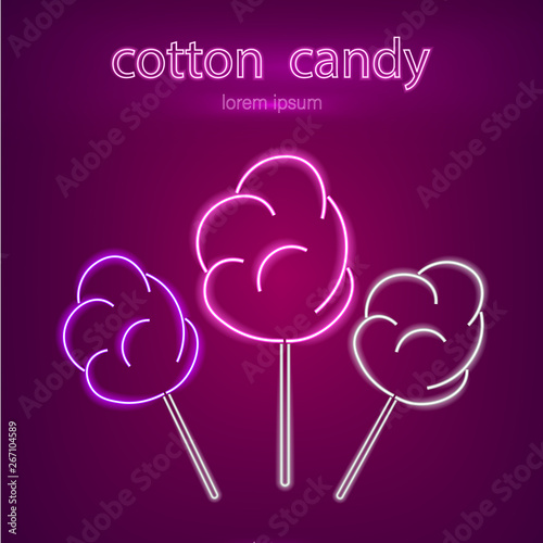 Cotton candy neon sign Vector. Glowing desserts dark background. Shinning billboard or menu templates