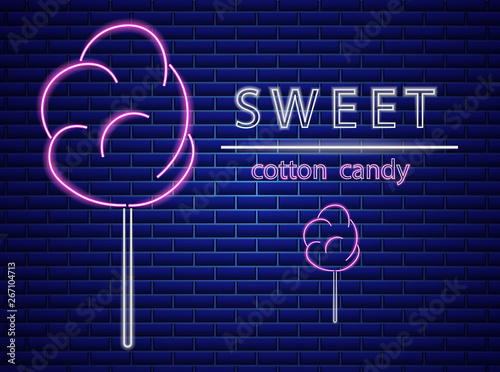 Cotton candy neon sign Vector. Glowing desserts dark background. Shinning bil...