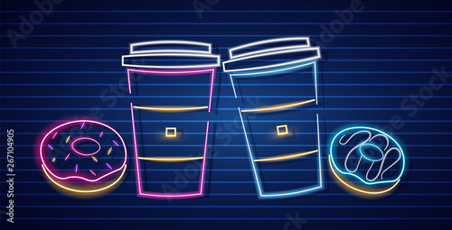 Coffee and donuts neon symbols Vector. Glowing sign dark background. Shinning billboard or menu templates