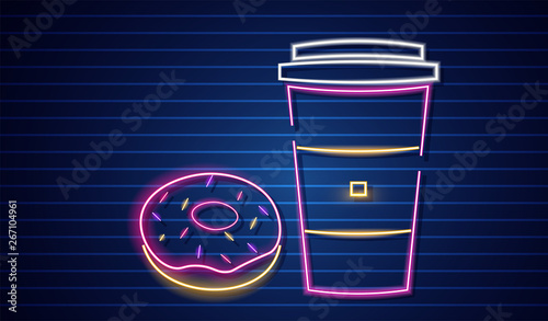 Coffee and donuts neon symbols Vector. Glowing sign dark background. Shinning...