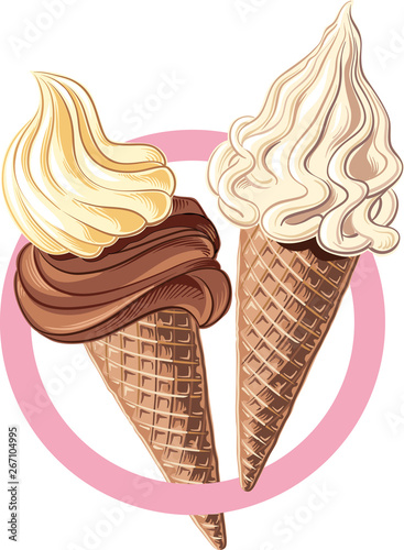 Two ice cream cones of different flavors, framed in a circle, in vector.
