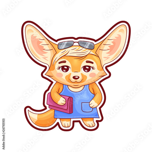 Cute stylish dressed female fennec fox with clutch bag and sunglasses. Funny kawaii cartoon character. Isolated on white background