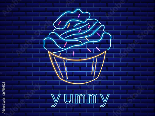 Sweet cupcake neon symbols Vector. Glowing sign dark background. Shinning bil...