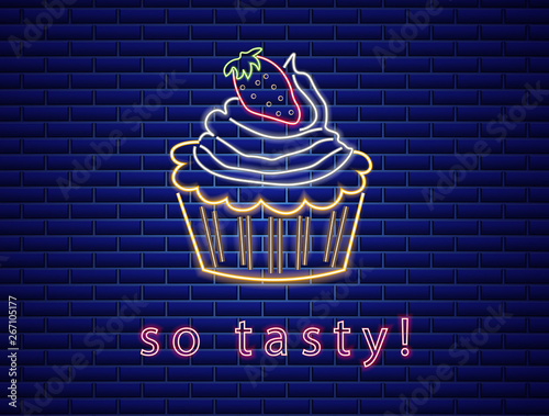 Sweet cupcake neon symbols Vector. Glowing sign dark background. Shinning billboard or menu templates