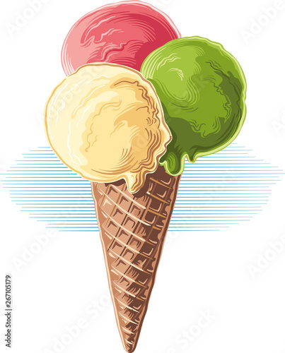 Cone with three balls of ice cream of different flavors, in vector.