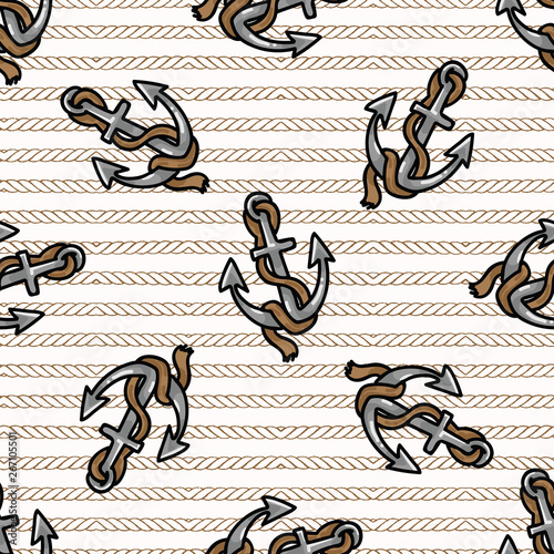 Cute scattered anchor with rope cartoon seamless vector pattern. Hand drawn ocean sailing tile. All over print for seafaring blog, nautical graphic, metal equipment home decor.