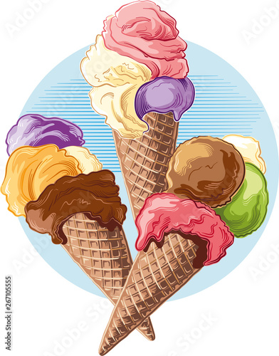 Three ice cream cones of different flavors, in vector.