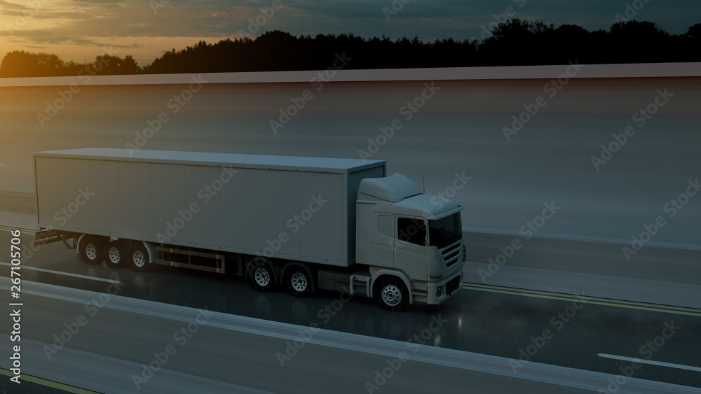 Large freight truck driving on a highway at sunset backlit by a bright orange sunburst under an ominous cloudy sky. 3d Rendering