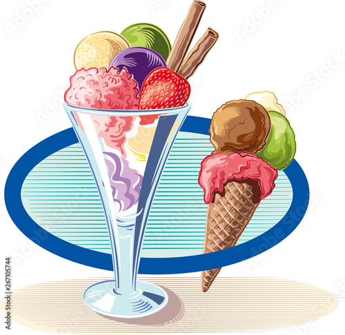 A cup and a cone with various flavors of ice cream, and ripe strawberries, in an oval frame, in vector.