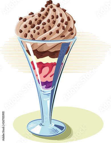 A cup with various flavors of ice cream, and ripe strawberries, in vector.