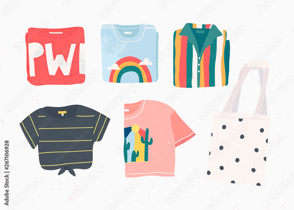 Various summer top clothes. Shirts, t-shirts with cool prints and eco  shopping bag. Hand drawn vector set. Colored trendy fashion illustration.  Stamp texture. All elements are isolated Stock-Vektorgrafik | Adobe Stock