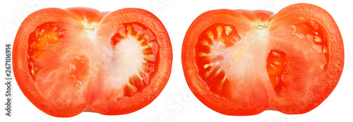 Closeup two half ripe red tomatoes isolated on white