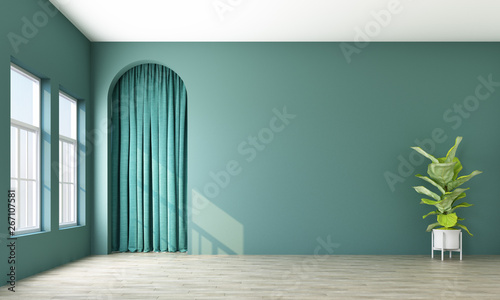 Fototapeta Naklejka Na Ścianę i Meble -  Modern memphis interior with green wall and green curtain behide arch. 3d rendering