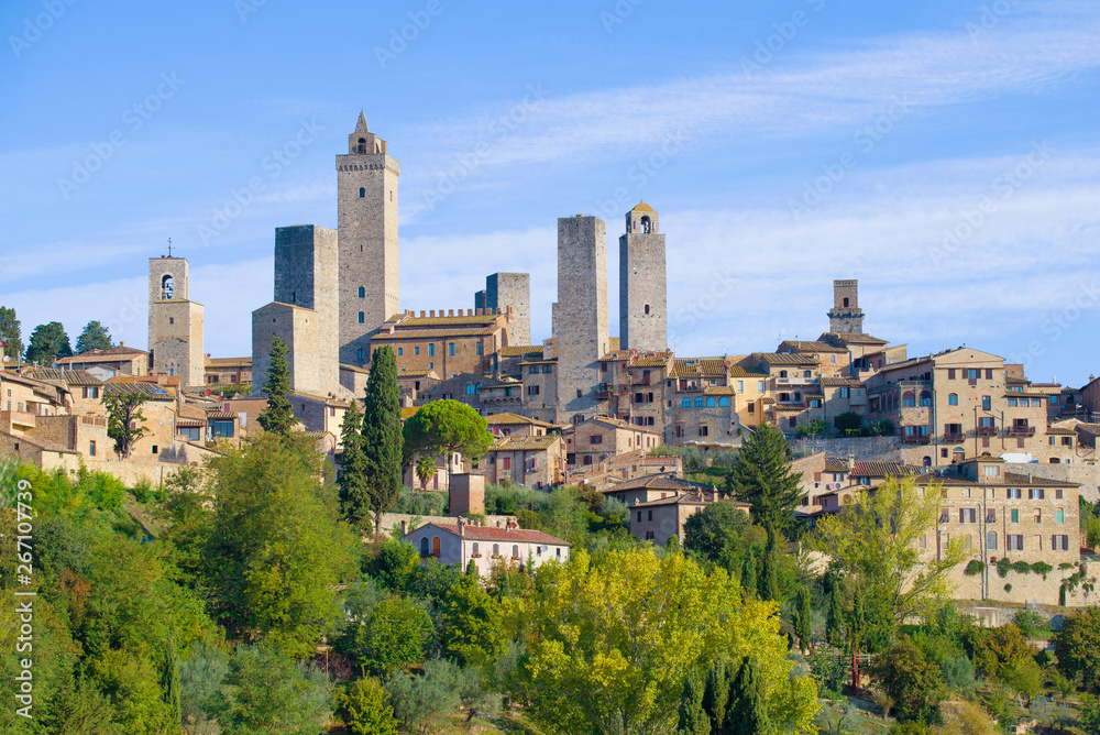 View of the towers of medieval San Gimignano on a sunny September afternoon. Italy