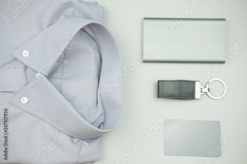 Set of gray clothing colour for men, Flat lay set