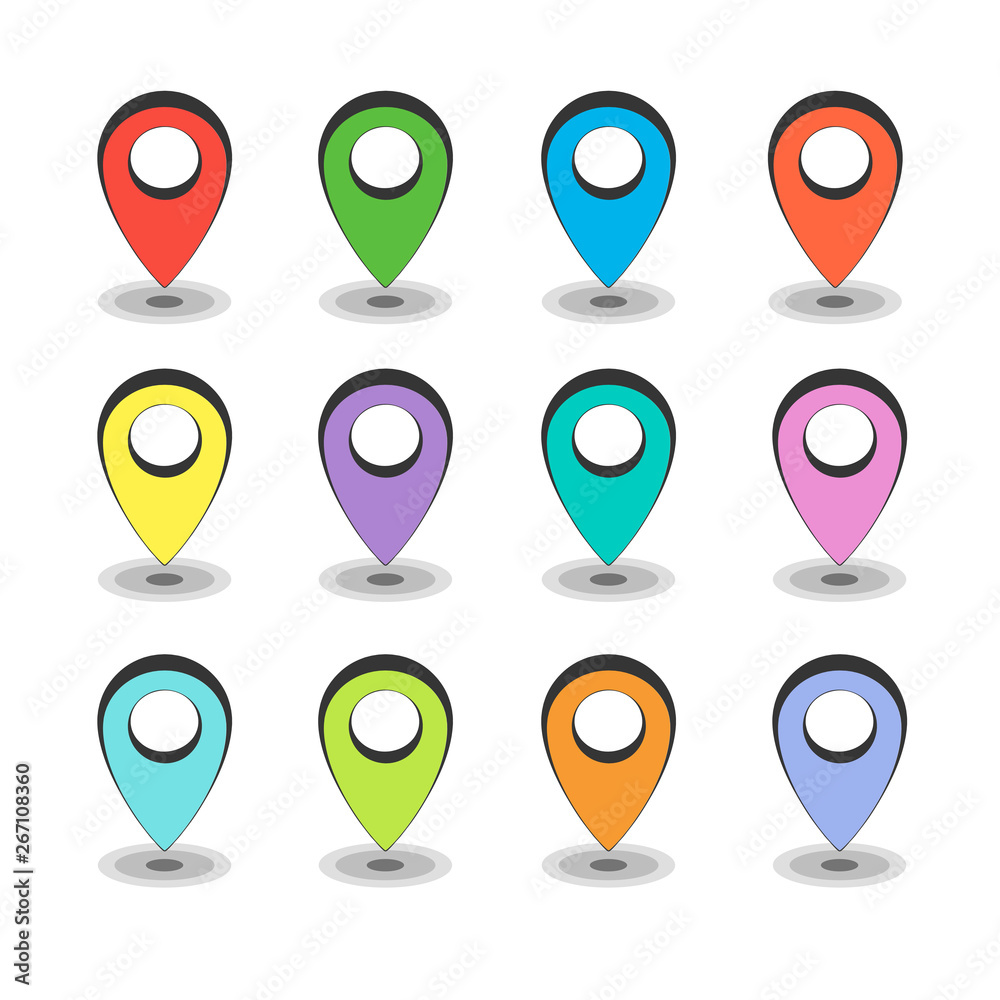 Set of color map pointer icons isolated on white background. GPS location symbols. Vector illustration. Set of color map pointer icons isolated on white background. GPS location symbols. Vector illustration.