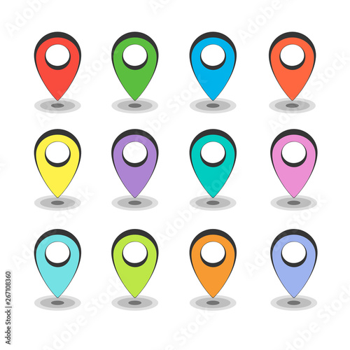 Set of color map pointer icons isolated on white background. GPS location symbols. Vector illustration.