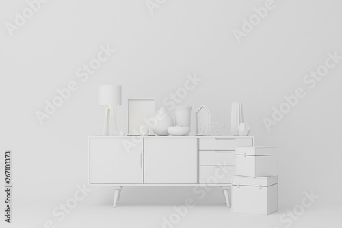 White console with table decorations.3d rendering