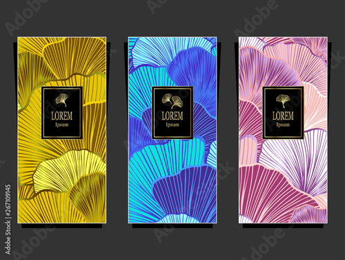 Set Template for package or flyer from Luxury background with  leaves  in gold blue pink for cosmetic or perfume or for package of tea or label or for advertising different things or for brand book