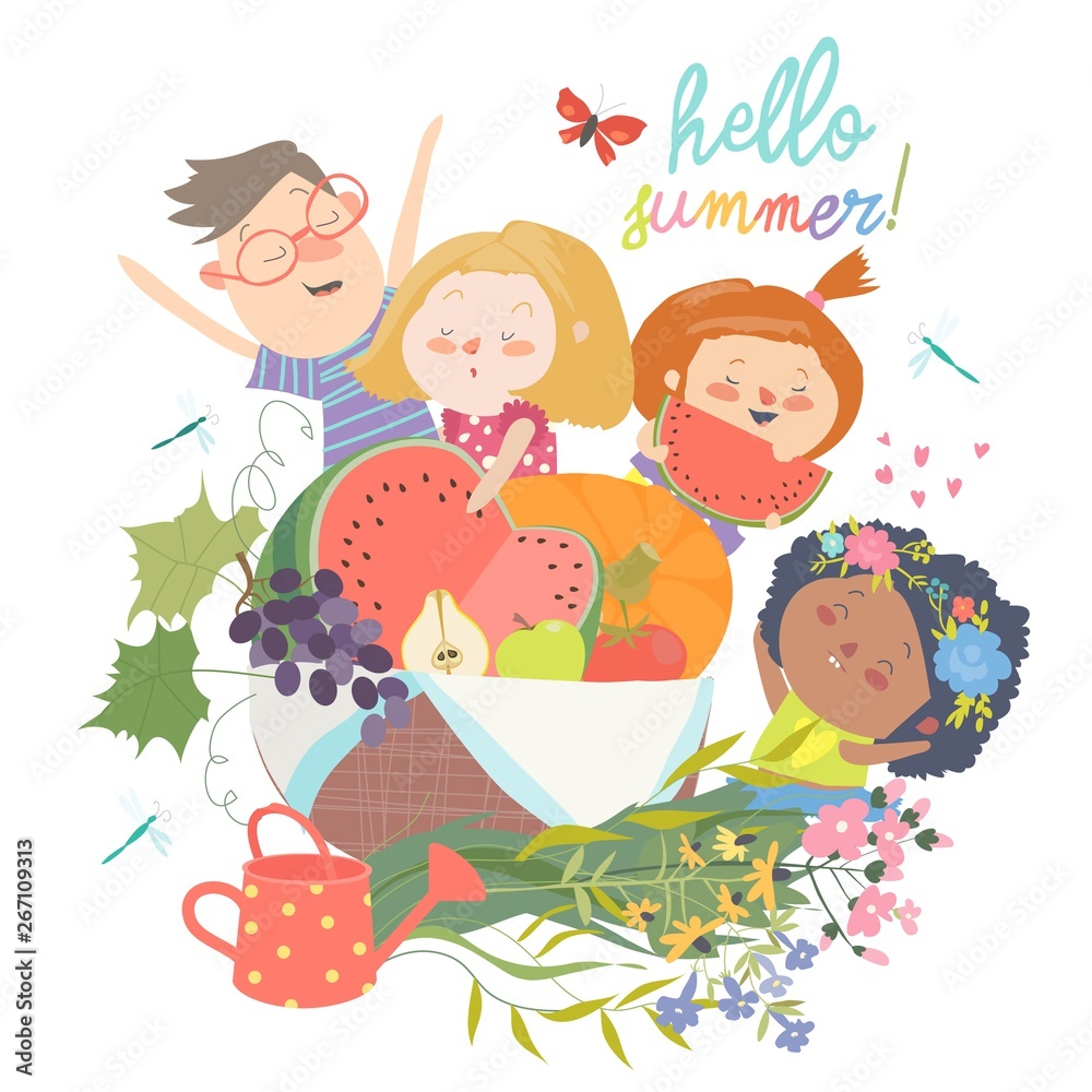 Cartoon children with flowers and fruits. Hello summer Cartoon children with flowers and fruits. Hello summer