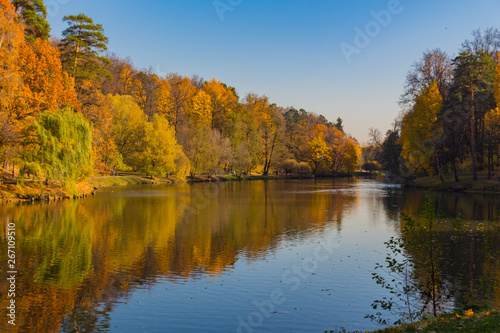 Fototapeta Naklejka Na Ścianę i Meble -  MOSCOW, RUSSIA - October 17, 2018: Panoramic view to the pond in Tsaritsyno park